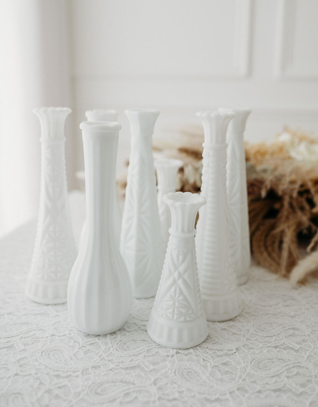 vintage milk glass vases (2 sizes), $1.50; 40+ available